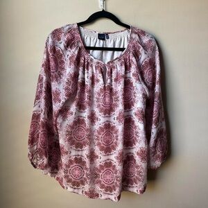 Kaari Blue Womens Size Medium White Pink Pattern Flowy Blouse Shirt